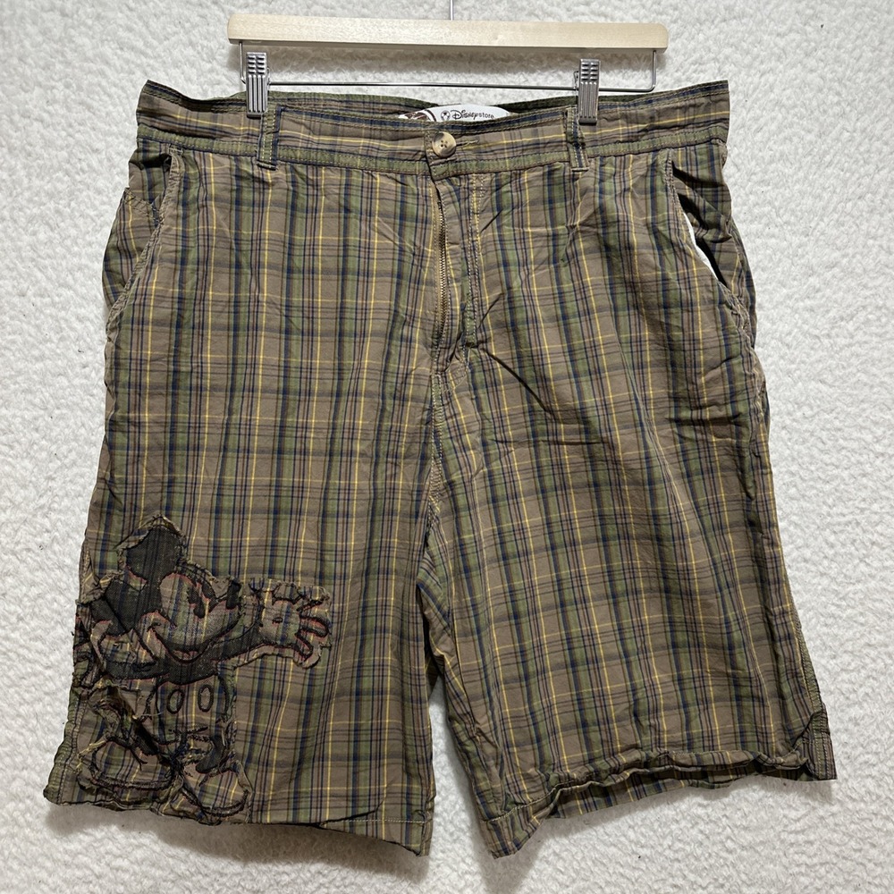 Disney Store Plaid Shorts Men's Size 38 Distressed Mickey‎ Mouse Embroidery